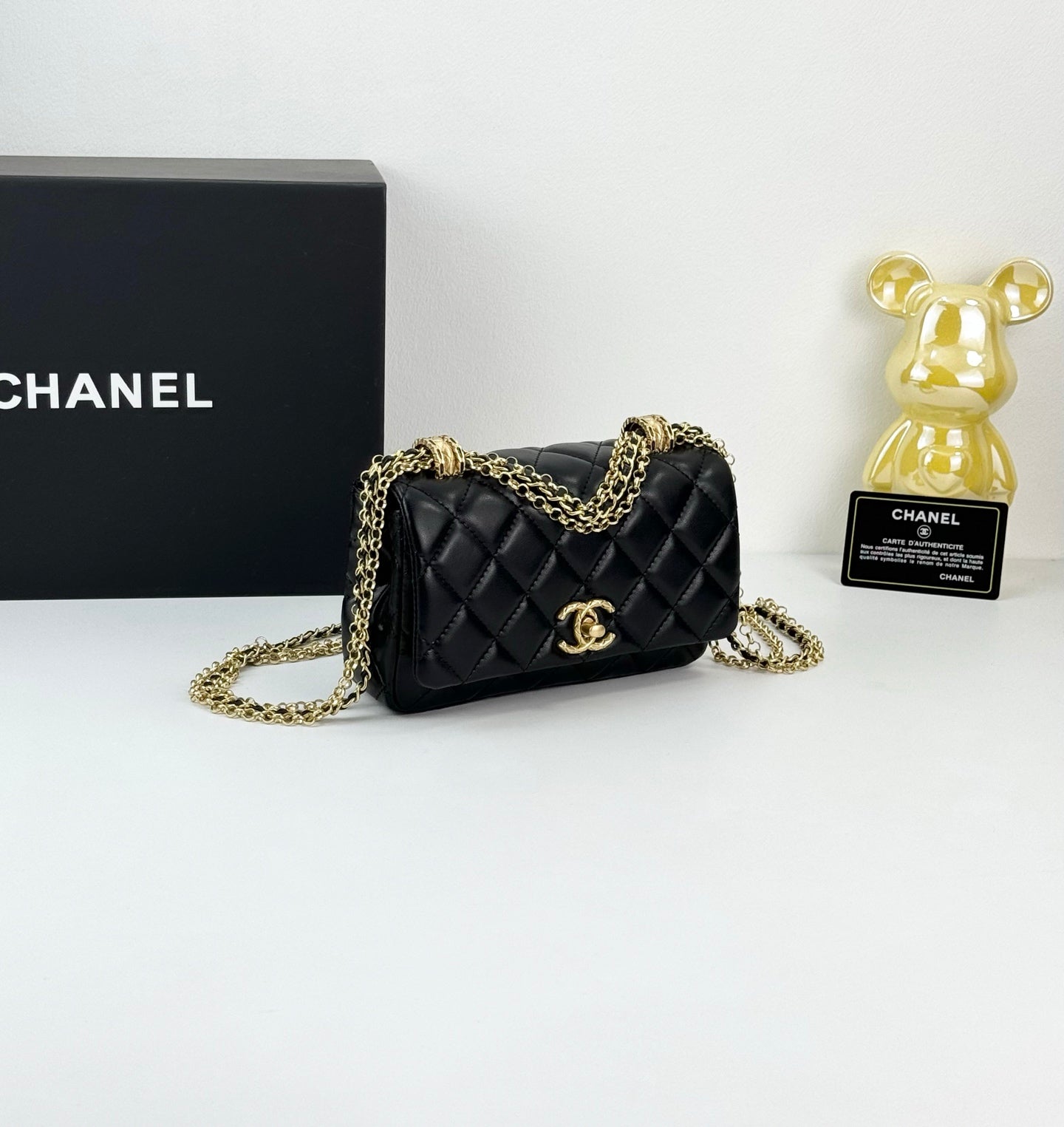 Chanel 24A Black Gold Tassel Chain Flap Bag | Classic Double Gold Pearls Design | 18*11.5cm Luxury Handbag