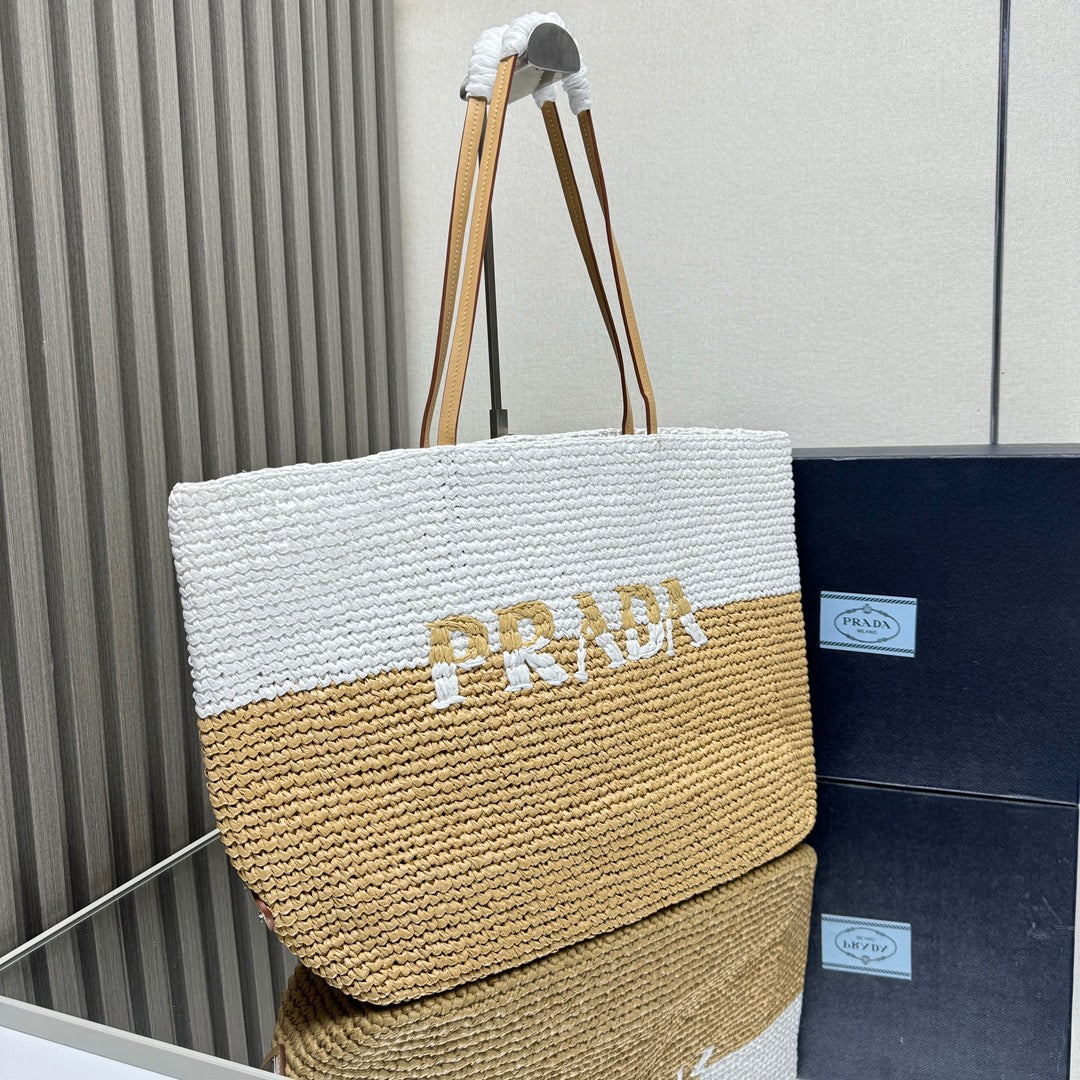 🌴 Summer Raffia Tote｜38x31.5x15cm Handwoven Two-Tone Bag - Beach & Market Tote