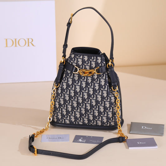 CEST Blue Oblique Print Bucket Bag - Medium Detachable Chain Strap with Leather Slider, LO Twist-Lock Closure (Includes Dust Bag & Haute Couture Packaging) | 2023 AW Collection