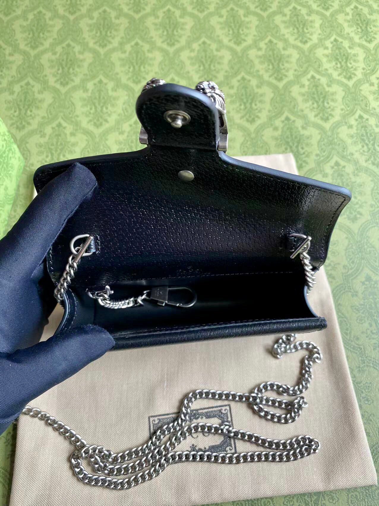 Gucci Dionysus Black Denim Mini Chain Bag Tiger Head Closure Style 476432