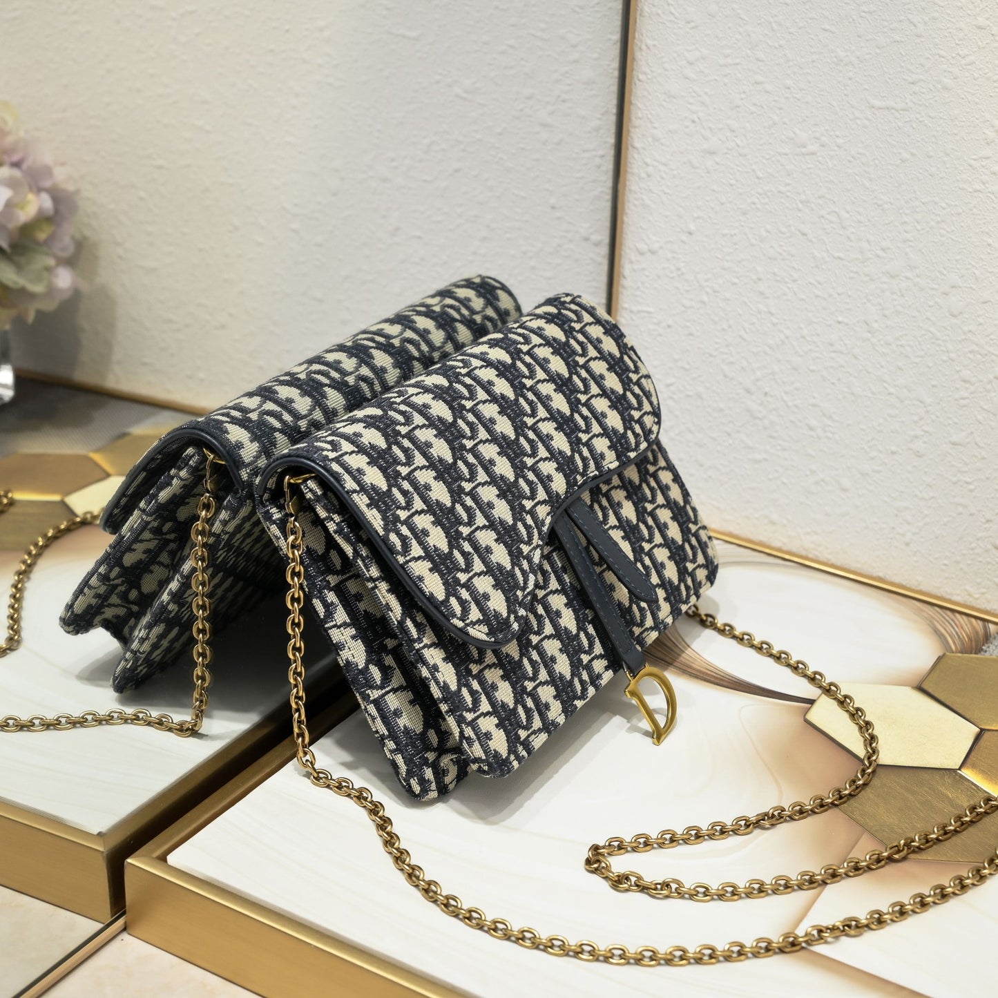 Dior Saddle Blue Oblique Jacquard Calfskin Wallet on Chain Clutch - Detachable Strap/Vintage Gold Hardware/Multi-Compartment