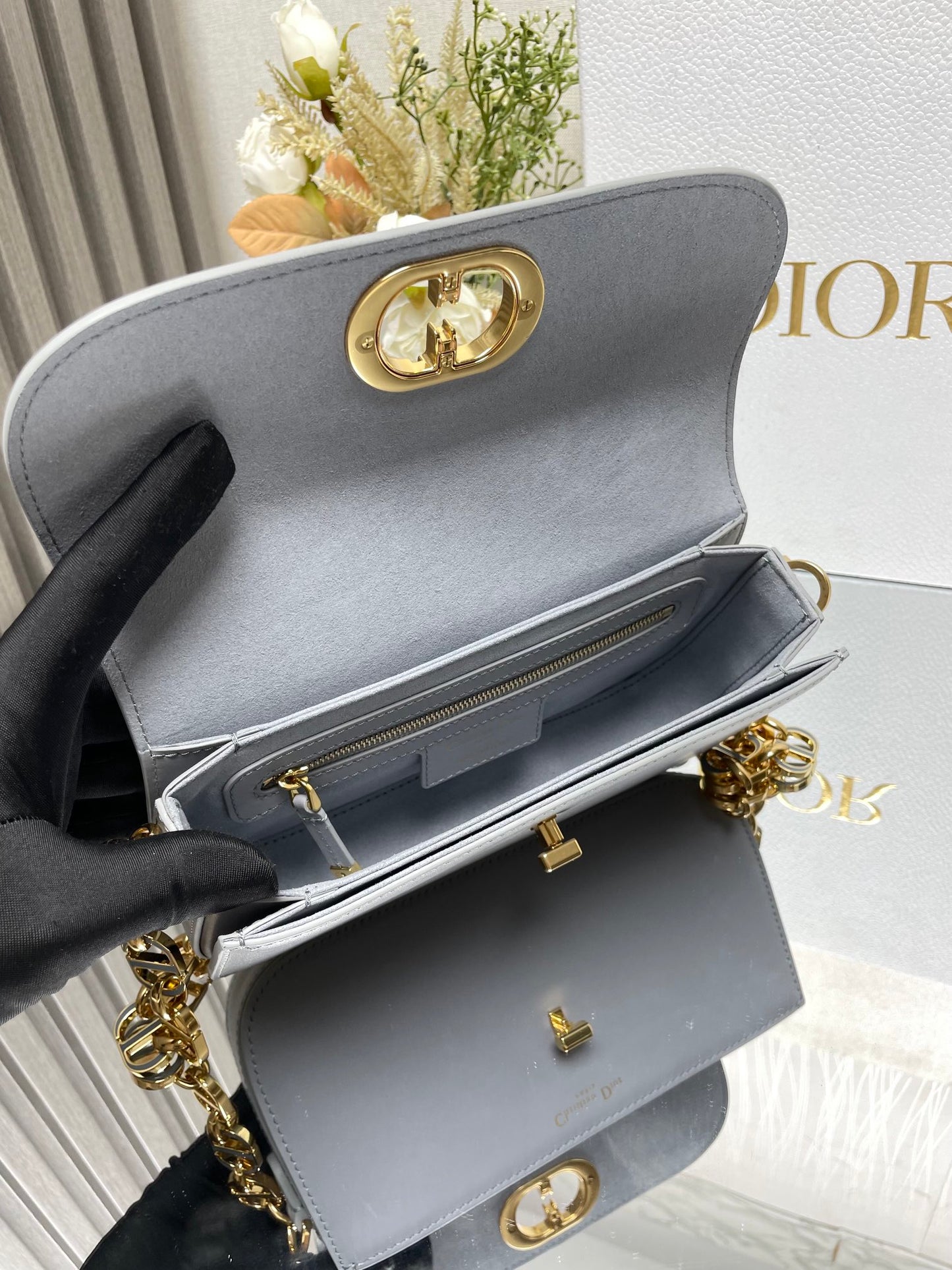 Dior 30 Montaigne Grey Enamel Chain Bag - Glazed Calfskin Flap Bag with Perfume-Bottle Inspired Closure (Convertible Triple-Compartment Crossbody)