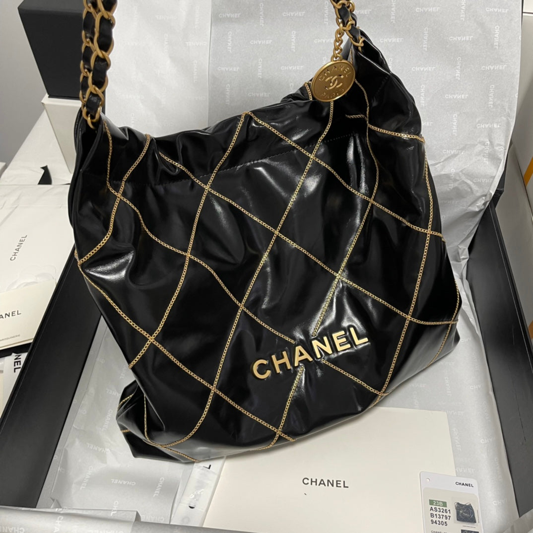 Chanel 22 Bag "Trash Bag" Black & Gold | Vintage Coin Detailing & Magnetic Closure | Unisex Calfskin Luxury Tote