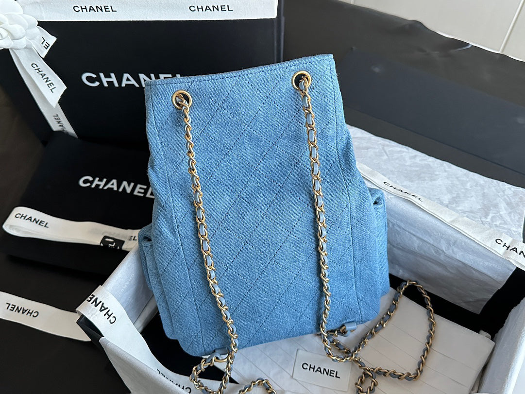 Chanel 25C Washed Denim Mini Backpack | Light Blue | Vintage Wash Original Denim | ZP-Grade Antique Brushed Gold Hardware | Limited Edition