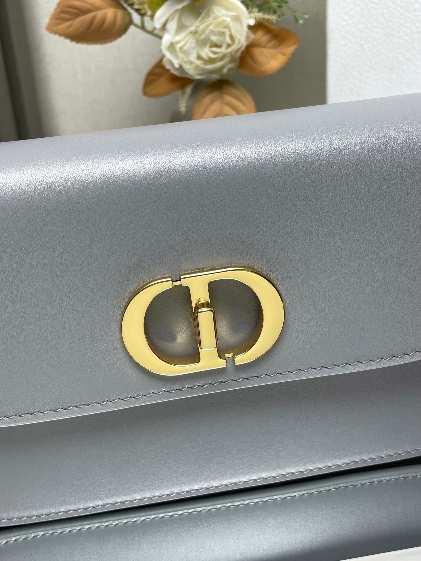 Dior 30 Montaigne Grey Enamel Chain Bag - Glazed Calfskin Flap Bag with Perfume-Bottle Inspired Closure (Convertible Triple-Compartment Crossbody)