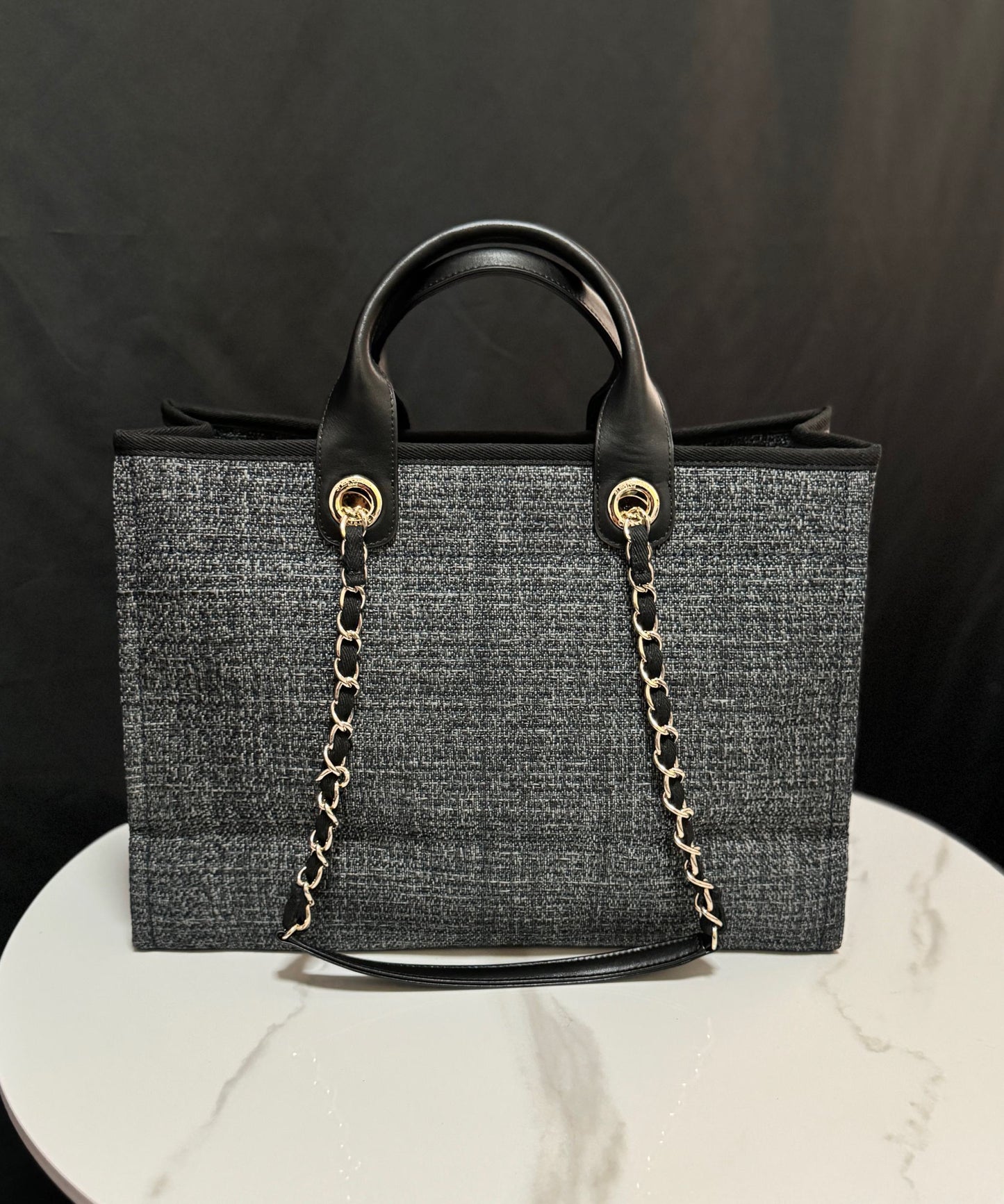 Chanel Deauville Oversized Denim Canvas Beach Tote | Seasonal Raffia-Trimmed Shopper for Travel & Mother Bag