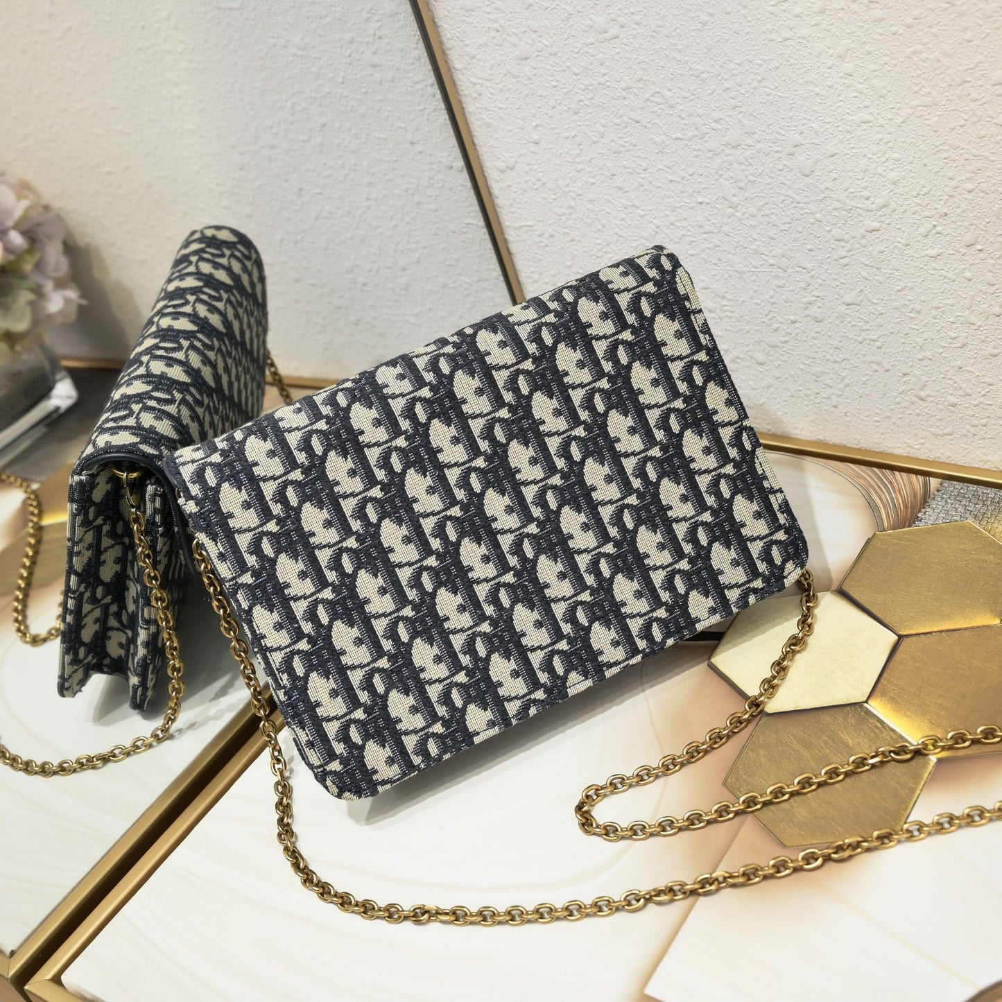 Dior Saddle Blue Oblique Jacquard Calfskin Wallet on Chain Clutch - Detachable Strap/Vintage Gold Hardware/Multi-Compartment