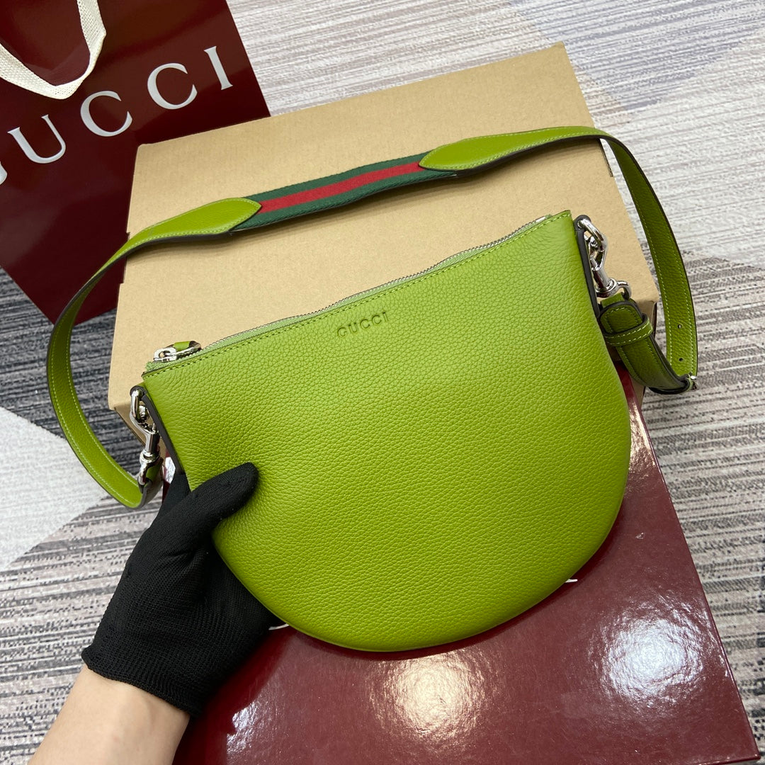 Gucci Body Double Lock Bag SS2025 | Olive Green Pebbled Leather | Vintage-Inspired Web Strap 23x18.5x2cm