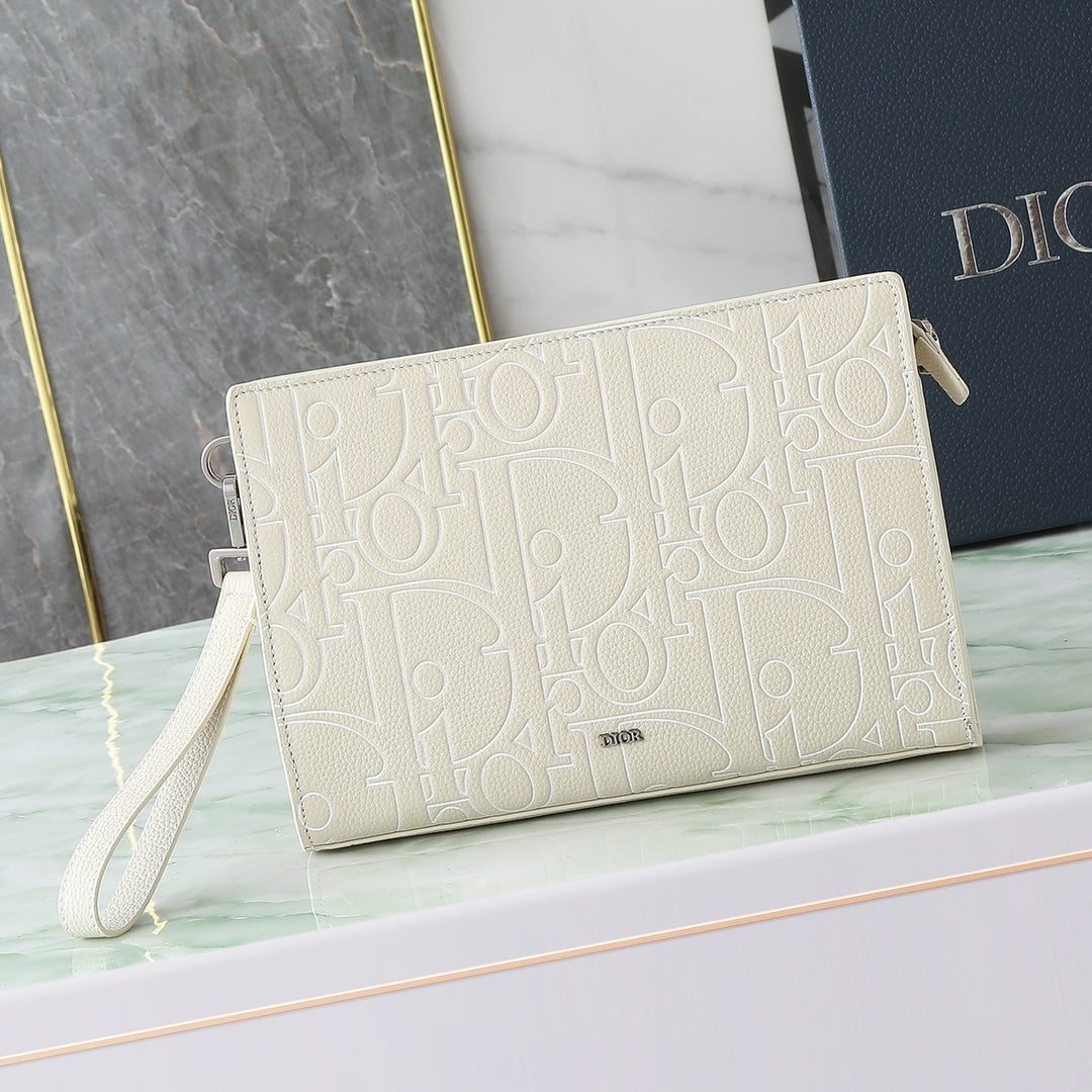 Dior A5 Triangle Clutch Bag｜Beige Gravity Outline Embossed Leather｜6 Card Slots & Detachable Wrist Strap