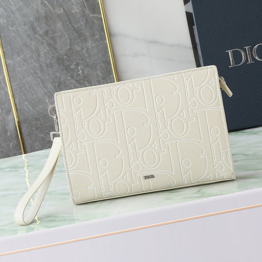 Dior A5 Triangle Clutch Bag｜Beige Gravity Outline Embossed Leather｜6 Card Slots & Detachable Wrist Strap