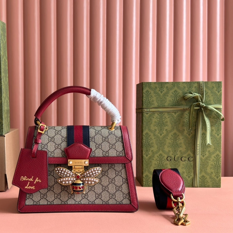 Gucci Queen Margaret Small Tote - 1970s Bee Crystal Clasp with GG Canvas & Suede Microfiber