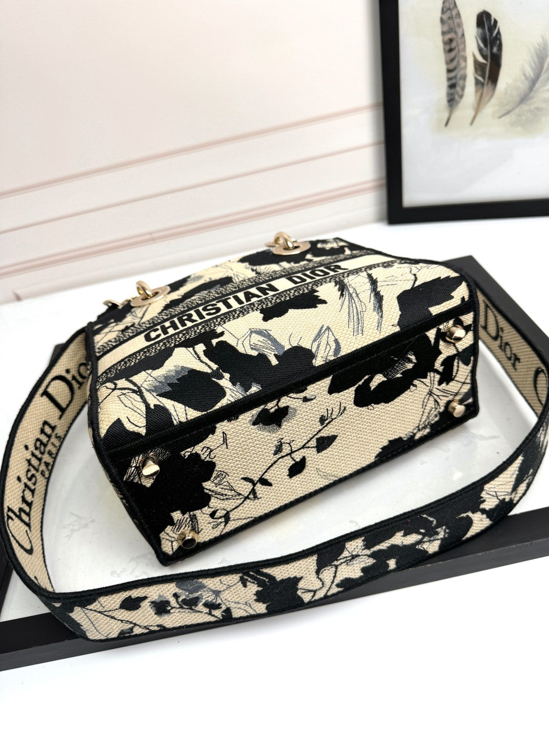 Dior Lady D-LITE Black Peony Embroidery Bag - Pietro Ruffo Collaboration with Detachable Strap & Gold D.I.O.R. Charms (Medium 24cm Artist Limited Edition)