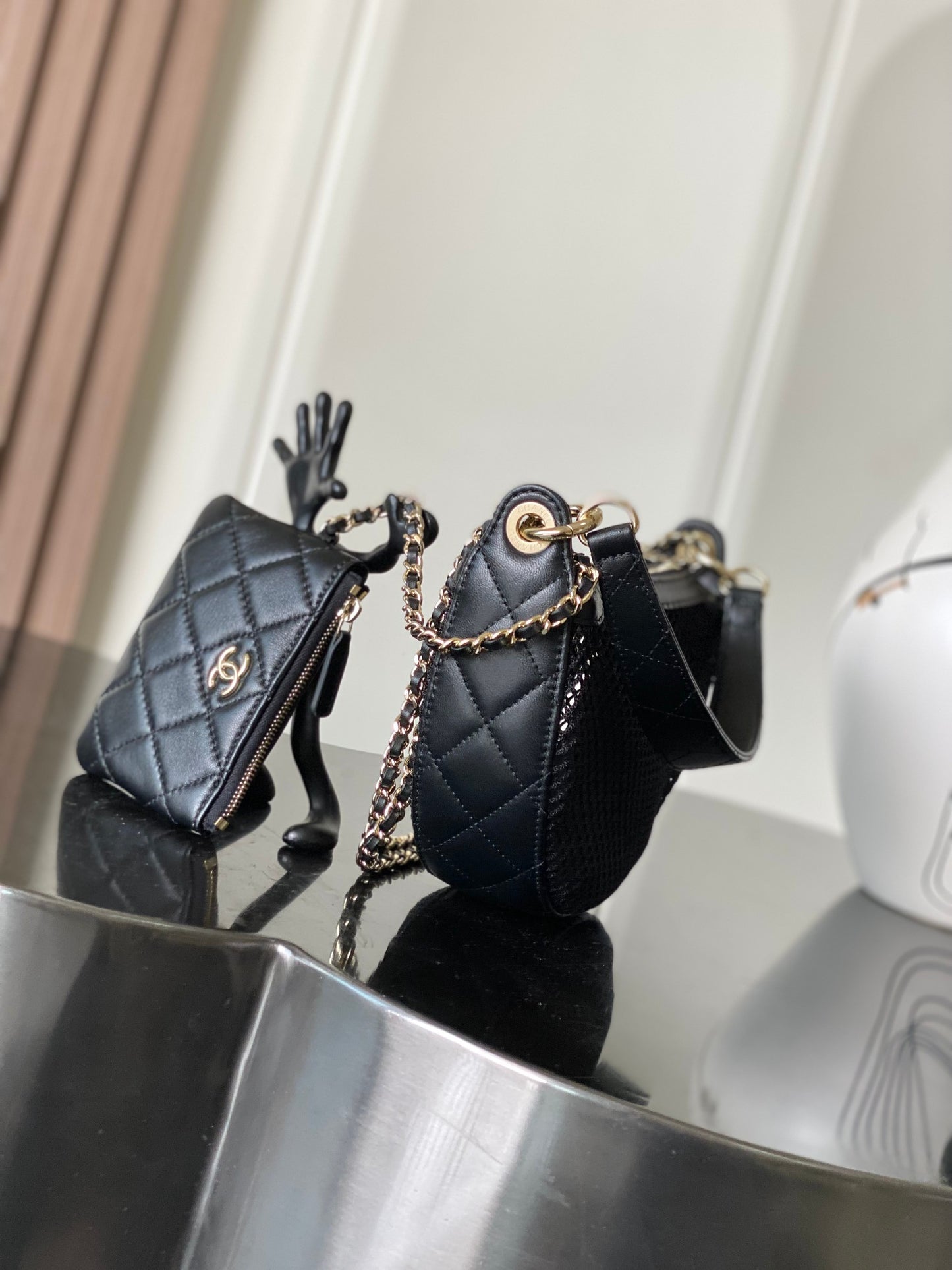 CHANEL 25s Half-Moon Bag - Mesh & Lambskin Light Gold Shoulder Bag, 15*22*6cm, Luxury Crossbody