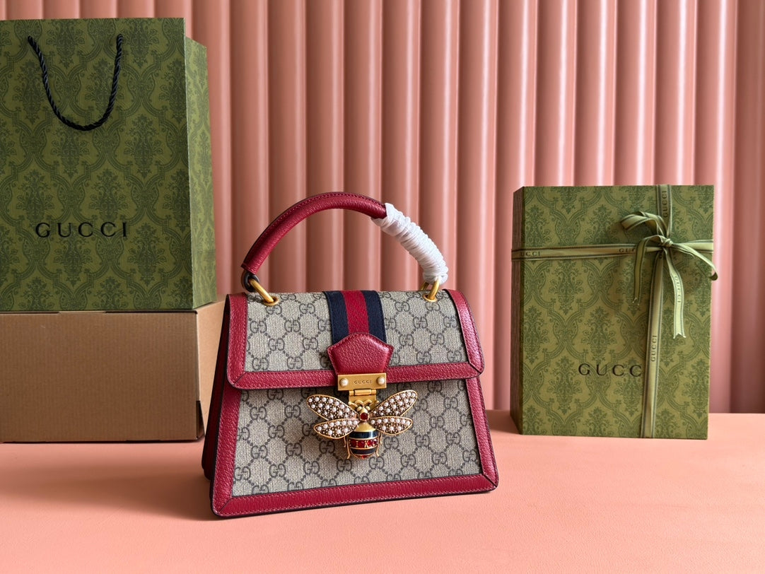 Gucci Queen Margaret Small Tote - 1970s Bee Crystal Clasp with GG Canvas & Suede Microfiber