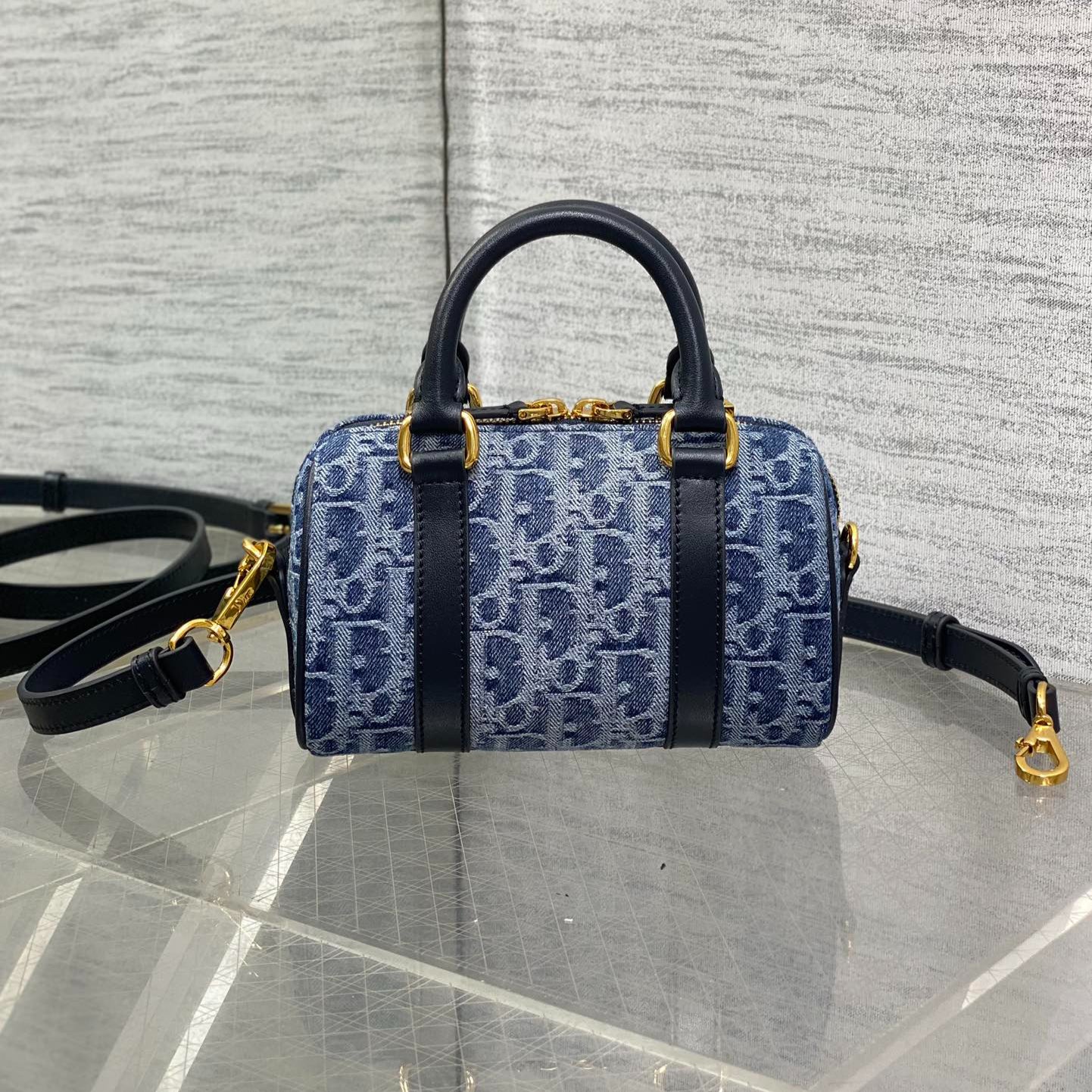 Groove 16 Mini Boston Bag｜Denim Blue Oblique Print｜Convertible Top Handle & Crossbody｜17×10×8cm