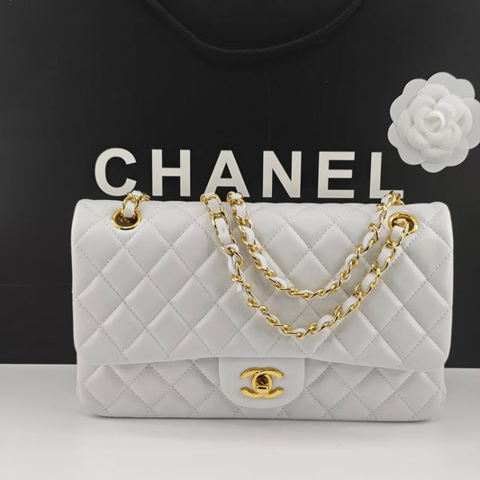 Chanel Classic CF1112 Handbag Genuine Imported Lambskin with Chip & Stamp 24K Gold Plated Hardware Anti-Fade Custom Luxury White Gold Buckle