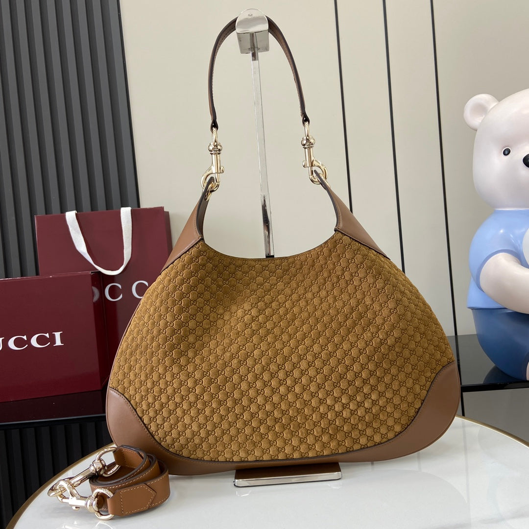 Gucci Body Double-Lock Shoulder Bag - Vintage 1950s Inspired Brown GG Suede with Adjustable Strap