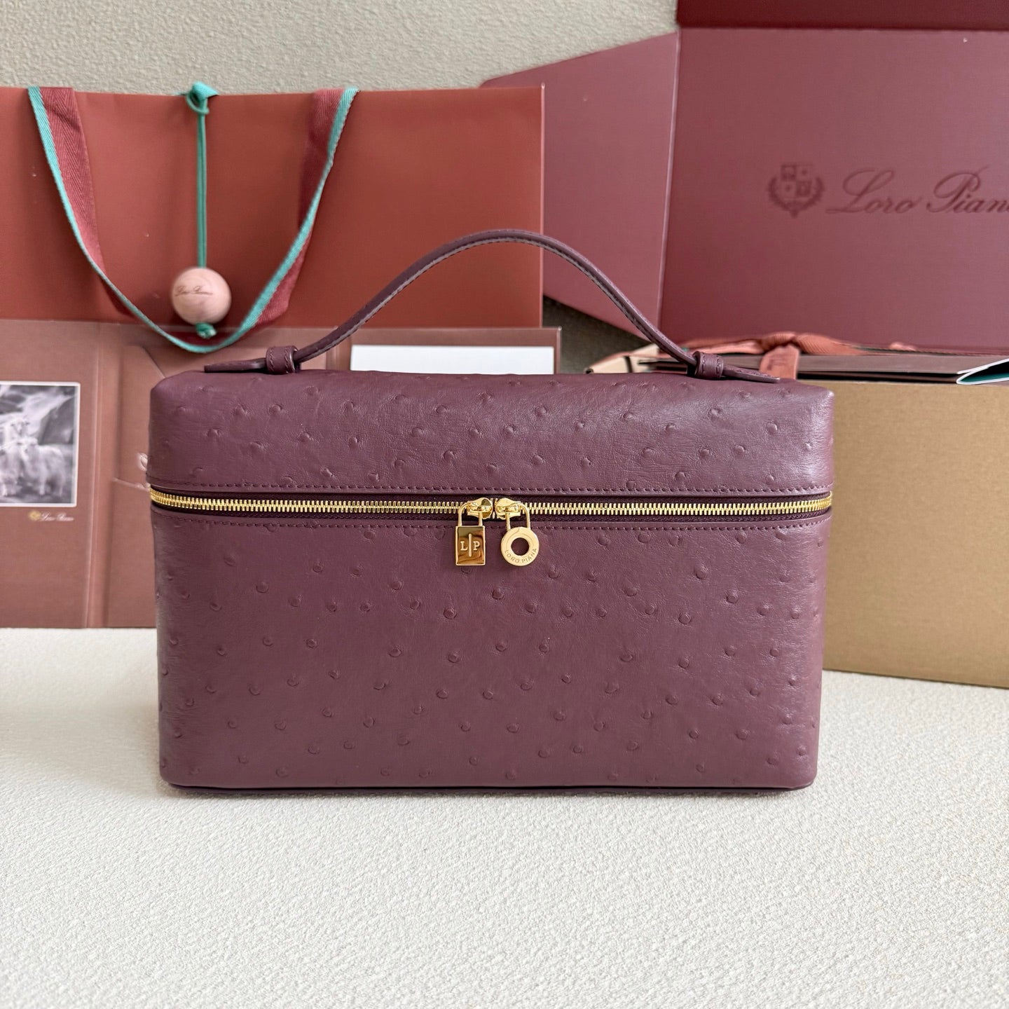 Extra cket L27 Wine Red Ostrich Leather Wide Top Handle Bag - Gold Hardware, Dual Zipper, Lambskin Lining