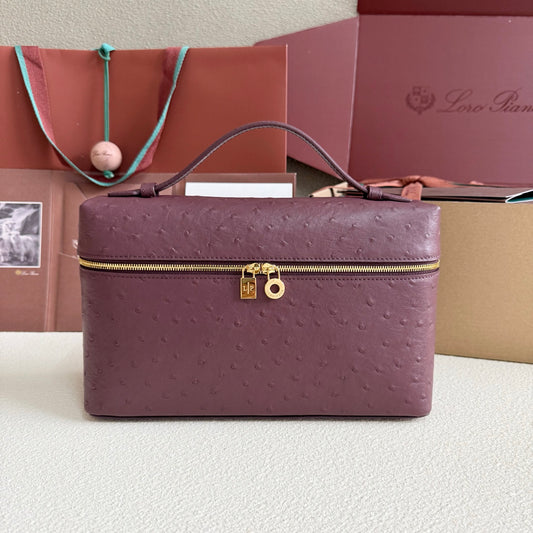 Extra cket L27 Wine Red Ostrich Leather Wide Top Handle Bag - Gold Hardware, Dual Zipper, Lambskin Lining