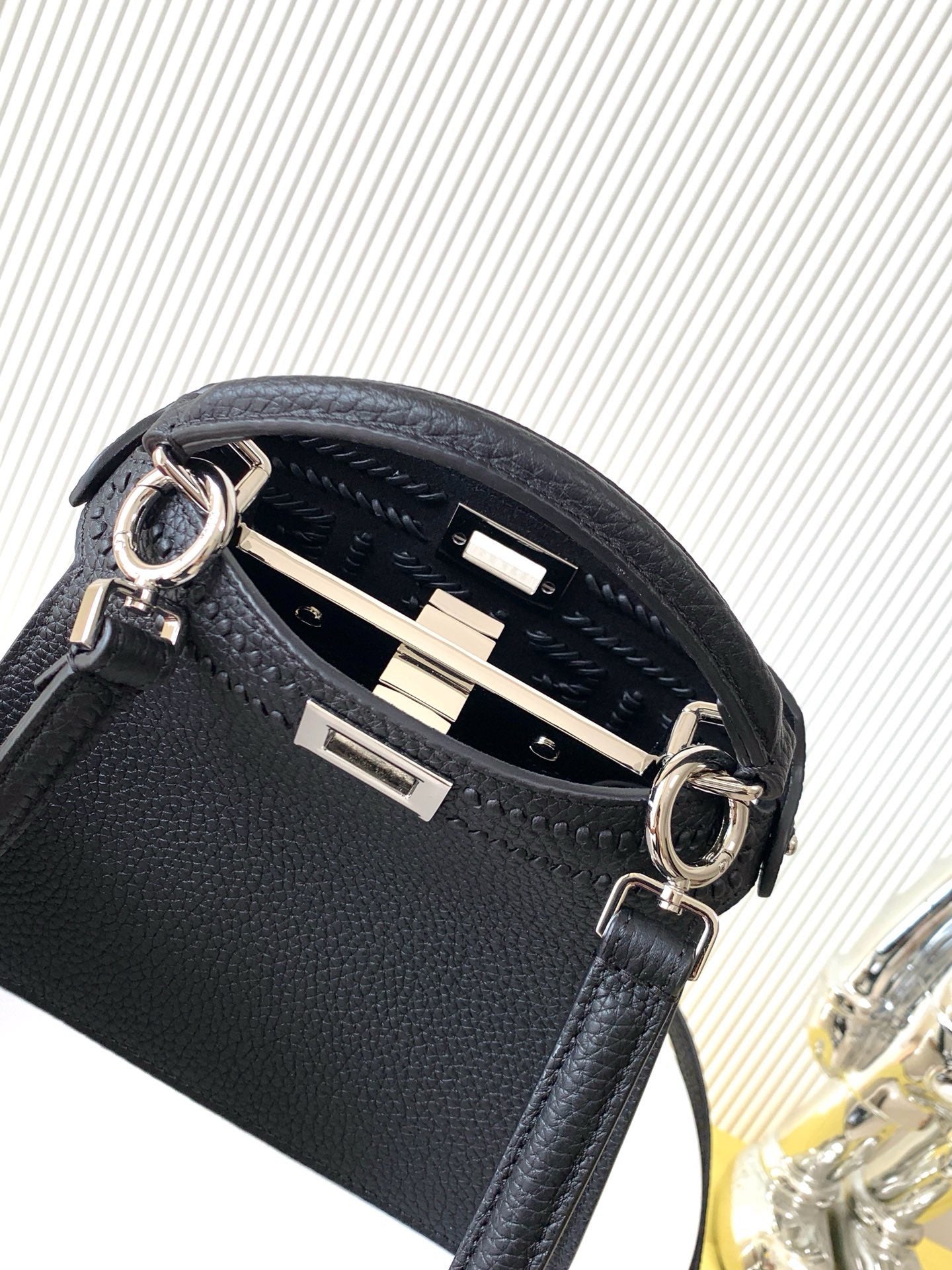 Fendi Signature FF Jacquard Woven Tote Bag in Black Cuoio Romano Calfskin Leather with Silver Hardware