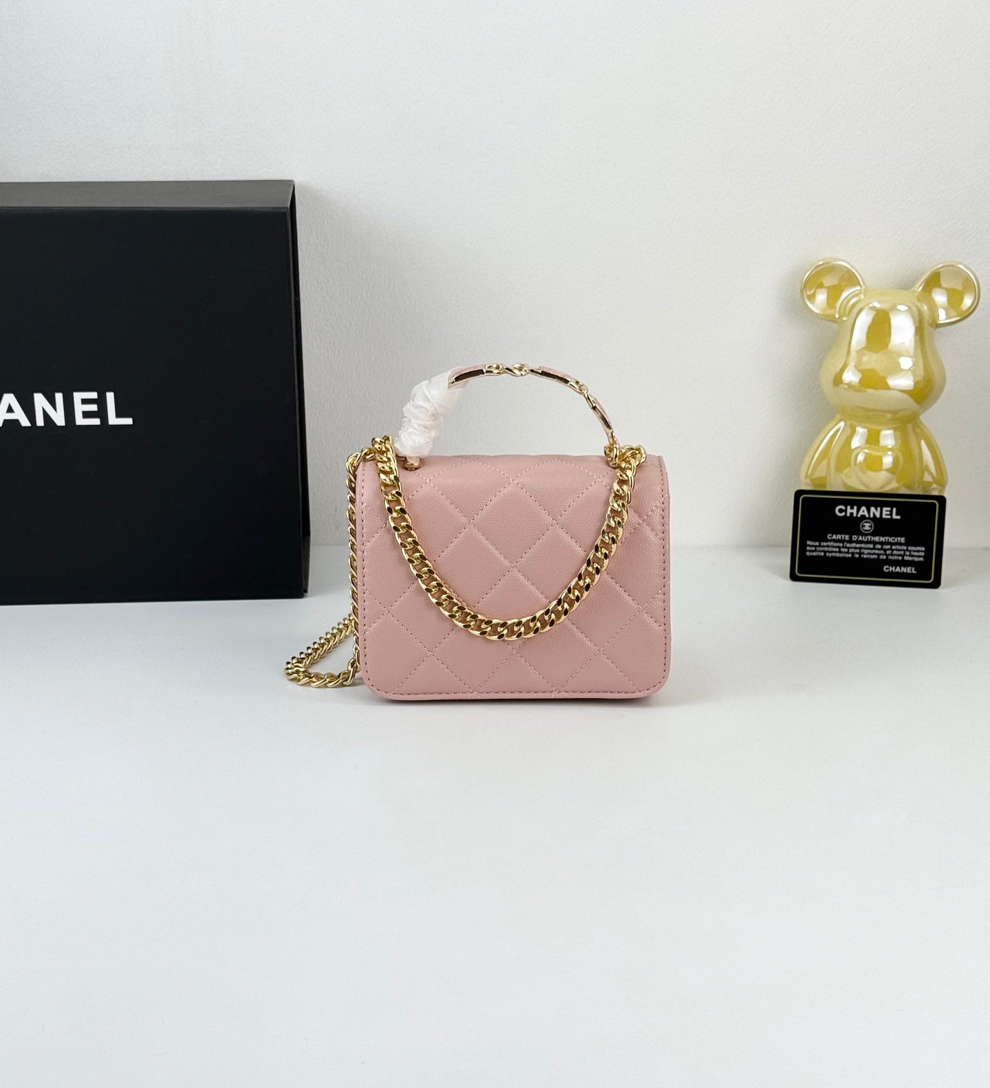 Chanel 22S Blush Pink Enamel Handle Bag | Mini Sweet Crossbody | Gold Logo & Woven Strap
