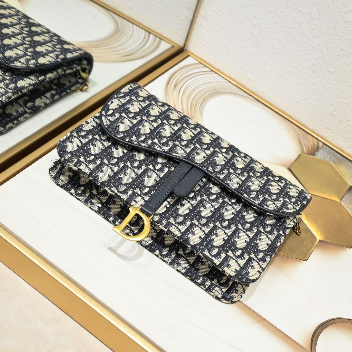 Dior Saddle Blue Oblique Jacquard Calfskin Wallet on Chain Clutch - Detachable Strap/Vintage Gold Hardware/Multi-Compartment