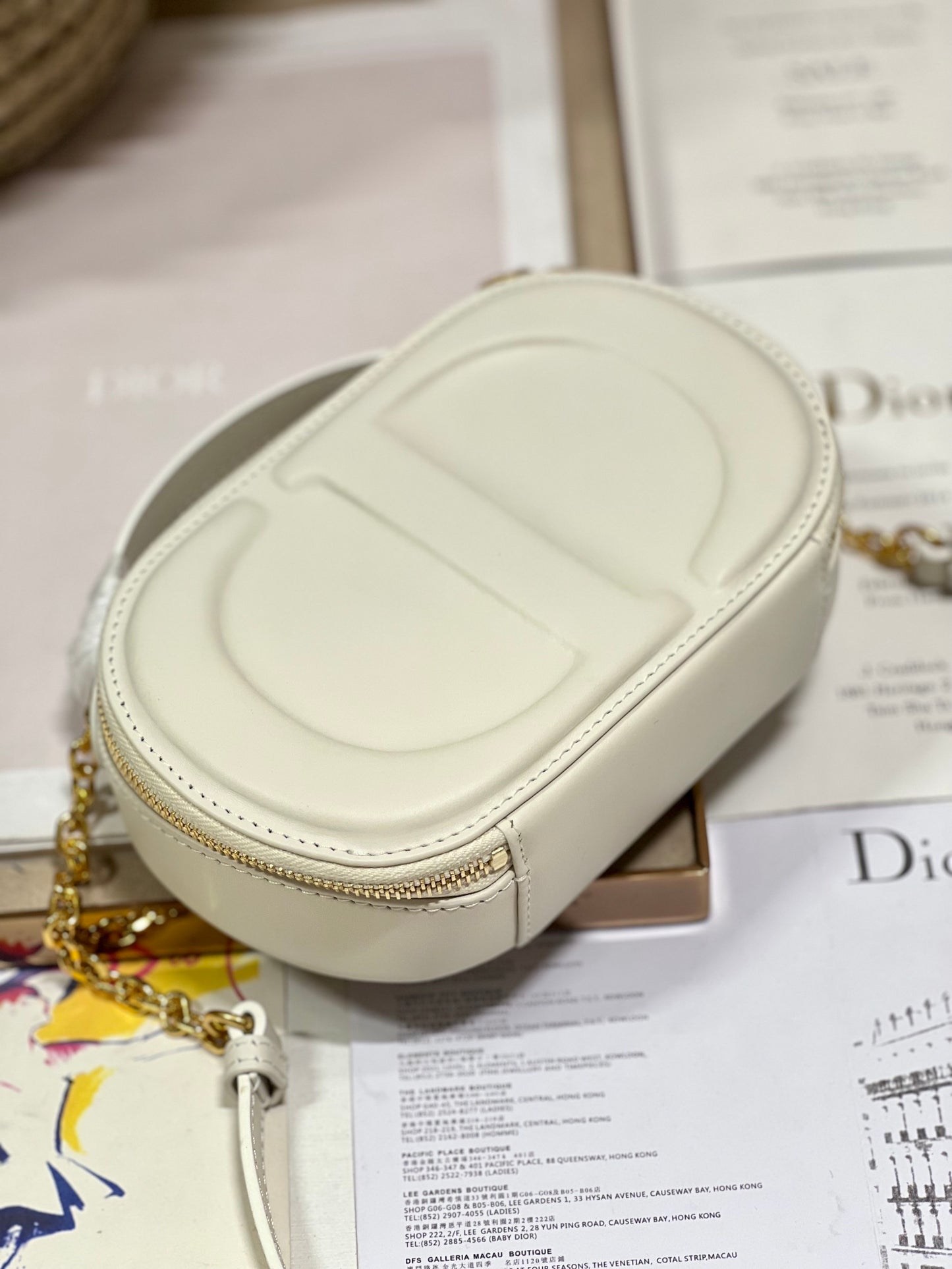 Dior CD Signature White Calfskin Camera Bag - Maria Grazia Chiuri's 2023 RTW Ellipse Crossbody with Detachable Chain Strap (Includes Dust Bag)