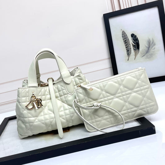 Dior Toujours White Large Cannage Quilted Handbag | Lamb Leather Lining | Imported Hardware | Small 23cm Tote Bag