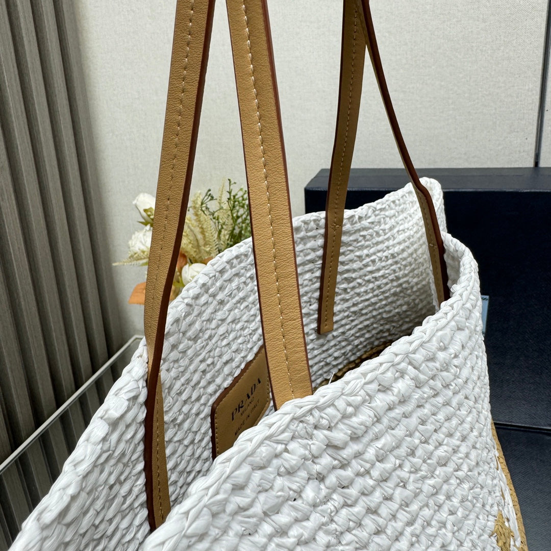 🌴 Summer Raffia Tote｜38x31.5x15cm Handwoven Two-Tone Bag - Beach & Market Tote