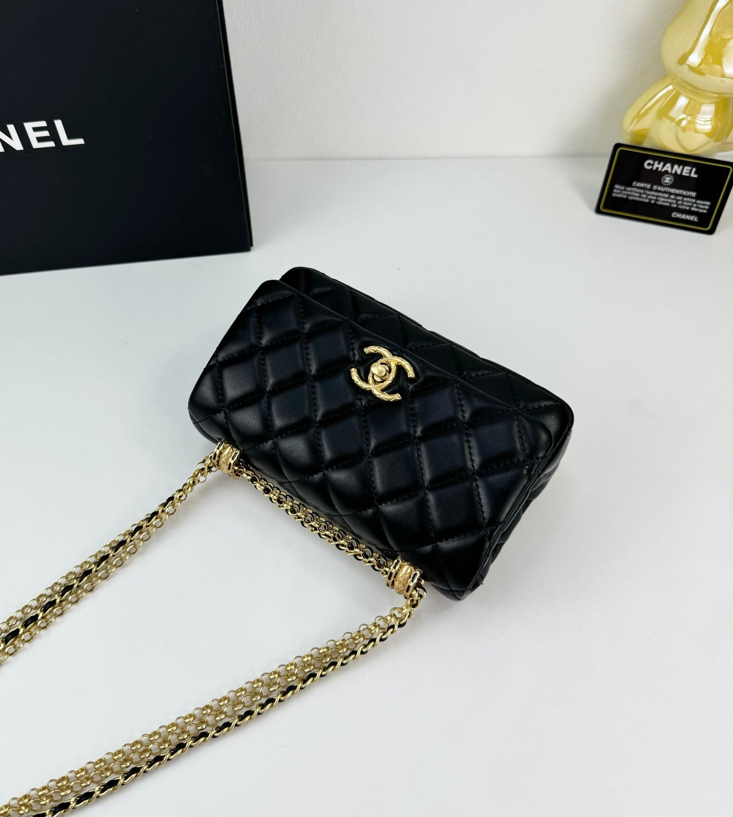 Chanel 24A Black Gold Tassel Chain Flap Bag | Classic Double Gold Pearls Design | 18*11.5cm Luxury Handbag
