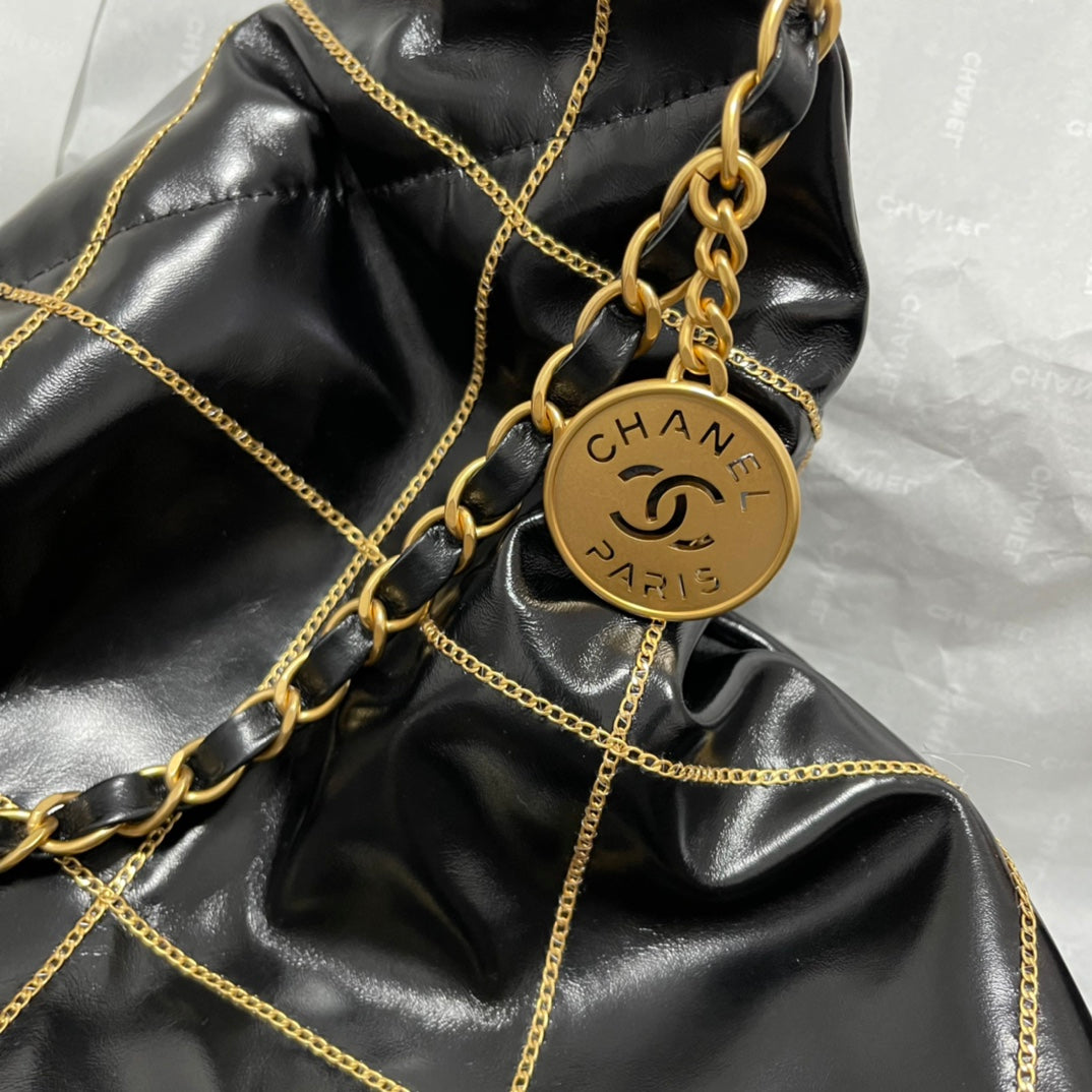 Chanel 22 Bag "Trash Bag" Black & Gold | Vintage Coin Detailing & Magnetic Closure | Unisex Calfskin Luxury Tote