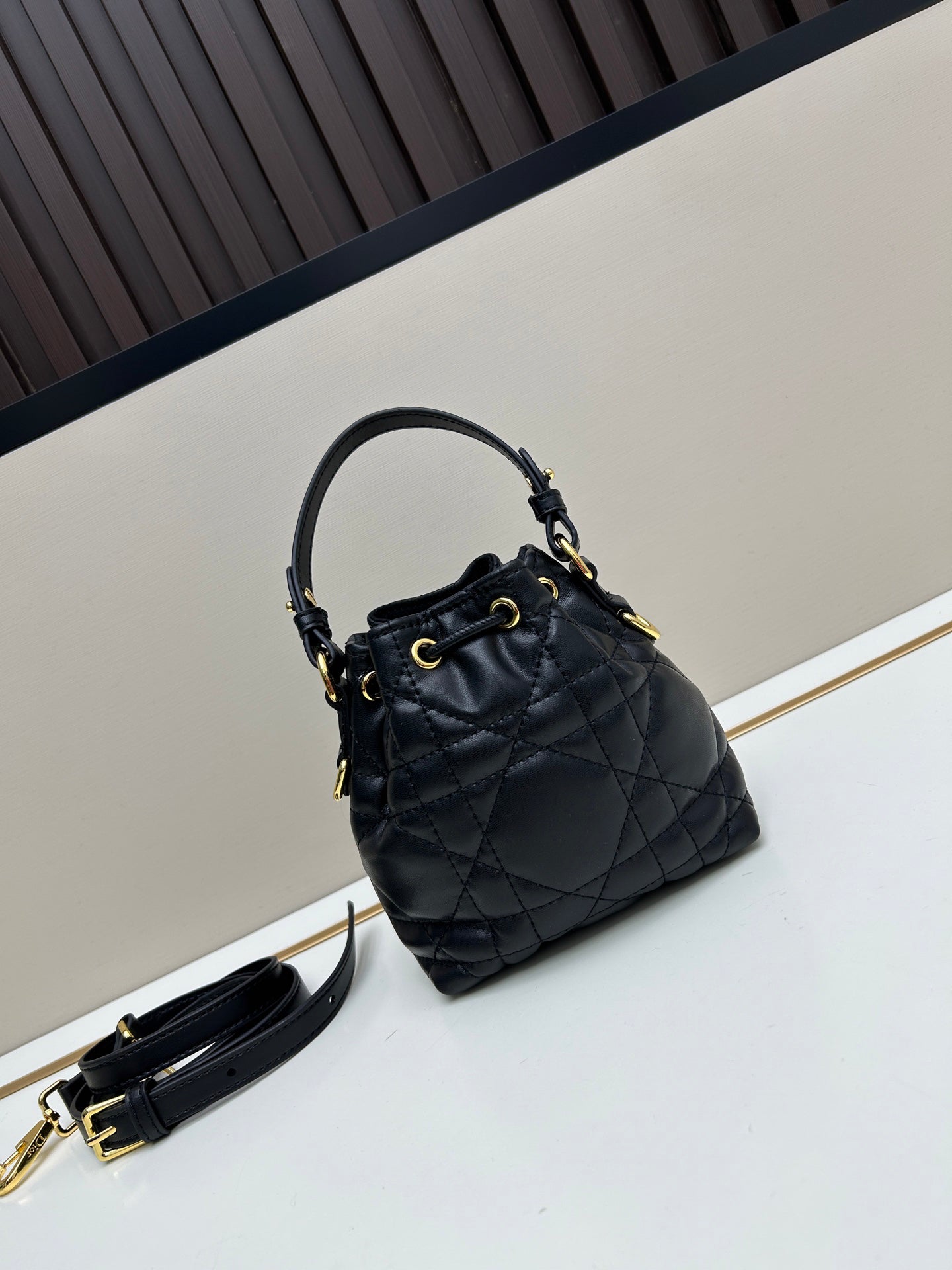 Dior Caro Black Lambskin Bucket Bag with Cannage Stitch & Drawstring | 2025 Fall Ready-to-Wear Collection | Detachable Handle & Adjustable Strap