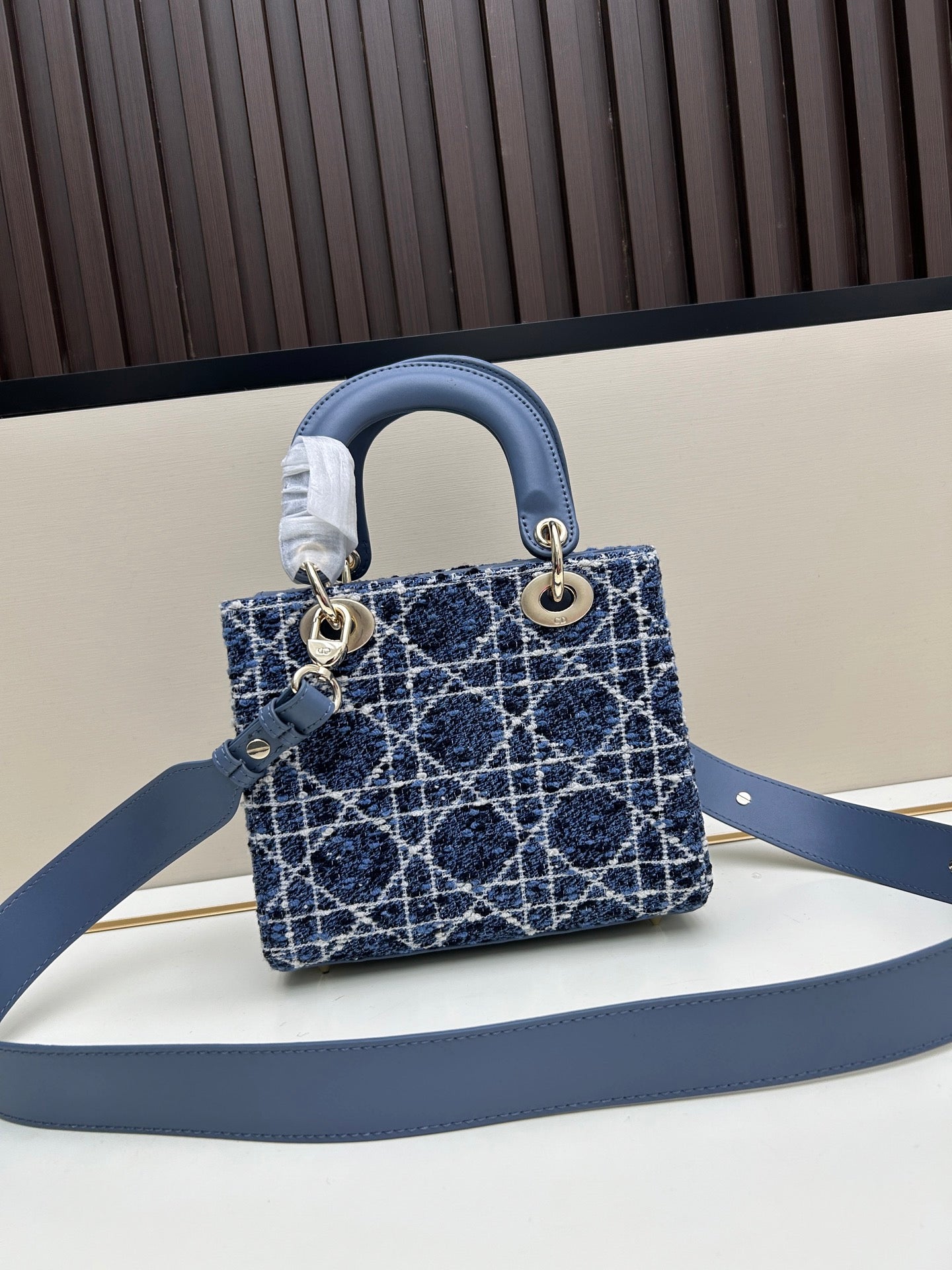 DIOR 2024 Early Spring New Arrival Black Tweed Cannage Embroidery Handbag with Pale Gold Charm, 20cm