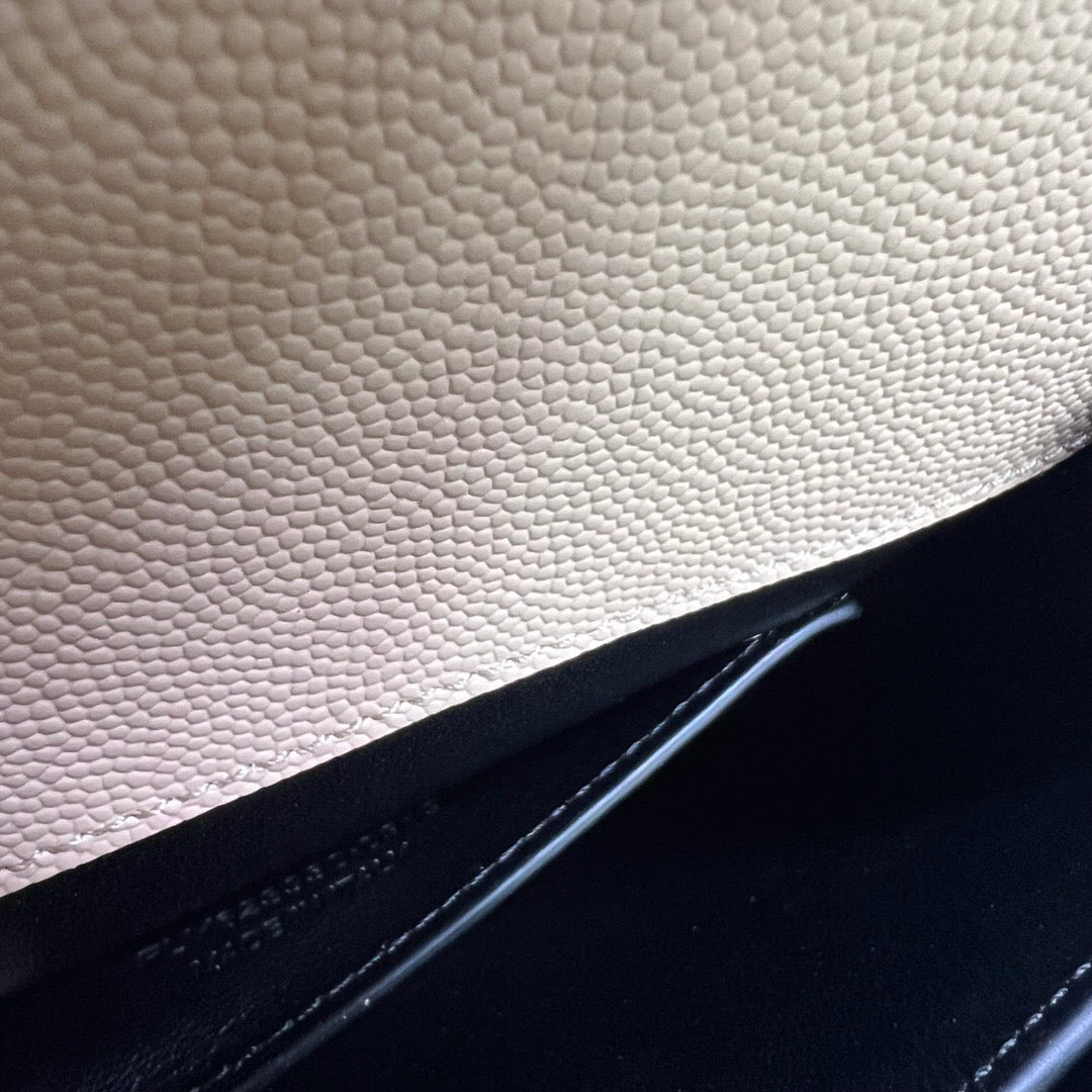 CASSANDRA Mini Grained Leather Handbag - Celebrity Same Style, Beige Caviar, YSL Turn-Lock, Adjustable Strap, Spacious Compartments