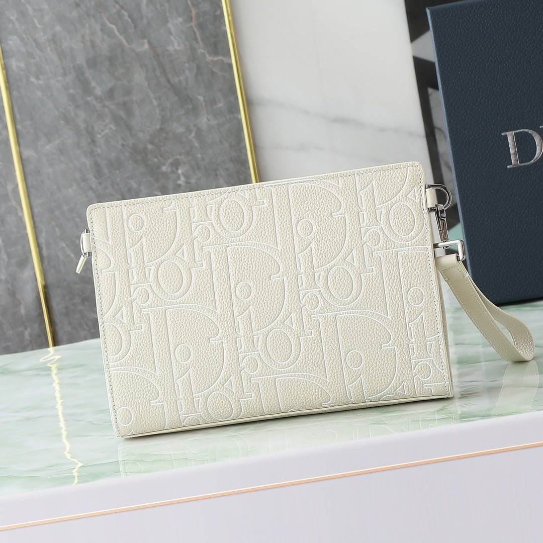 Dior A5 Triangle Clutch Bag｜Beige Gravity Outline Embossed Leather｜6 Card Slots & Detachable Wrist Strap