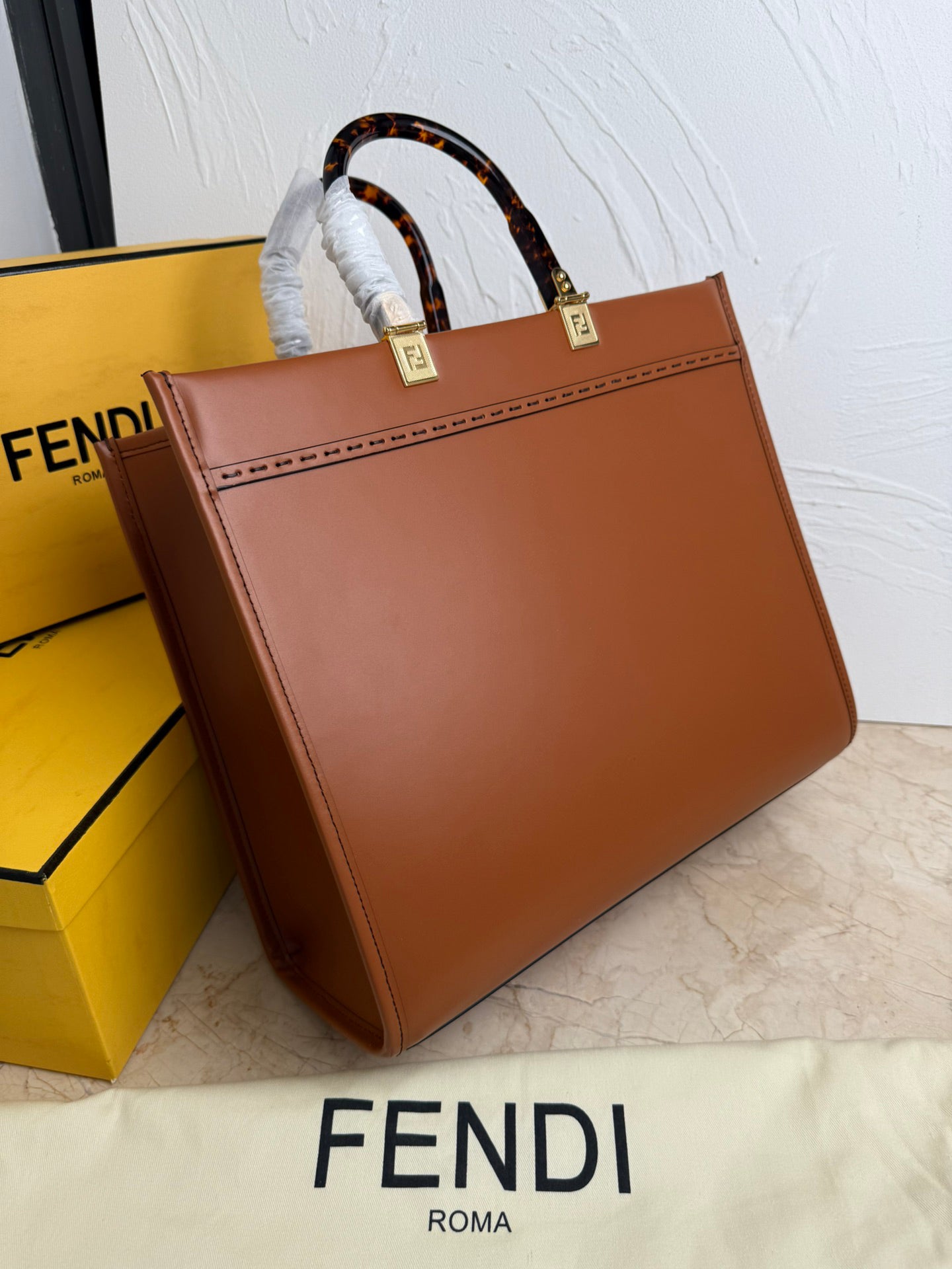 FENDI Sunshine Medium Brown Leather Tote Bag - Tortoiseshell Handles, Detachable Strap & Embossed Logo, Made in Italy