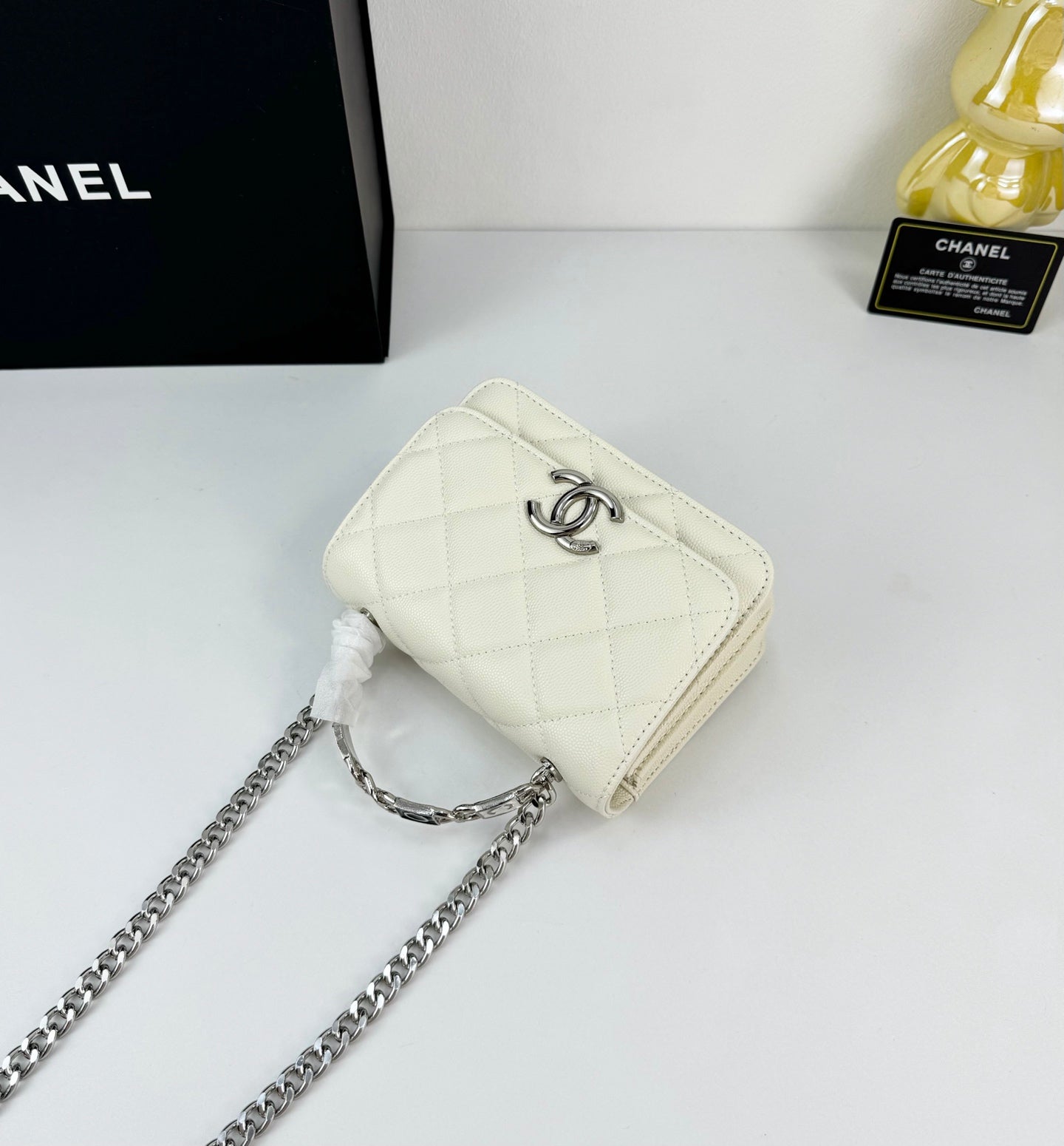 Chanel 22S White Enamel Handle Bag | Mini Sweet & Chic Crossbody | Detachable Woven Strap & Silver Logo
