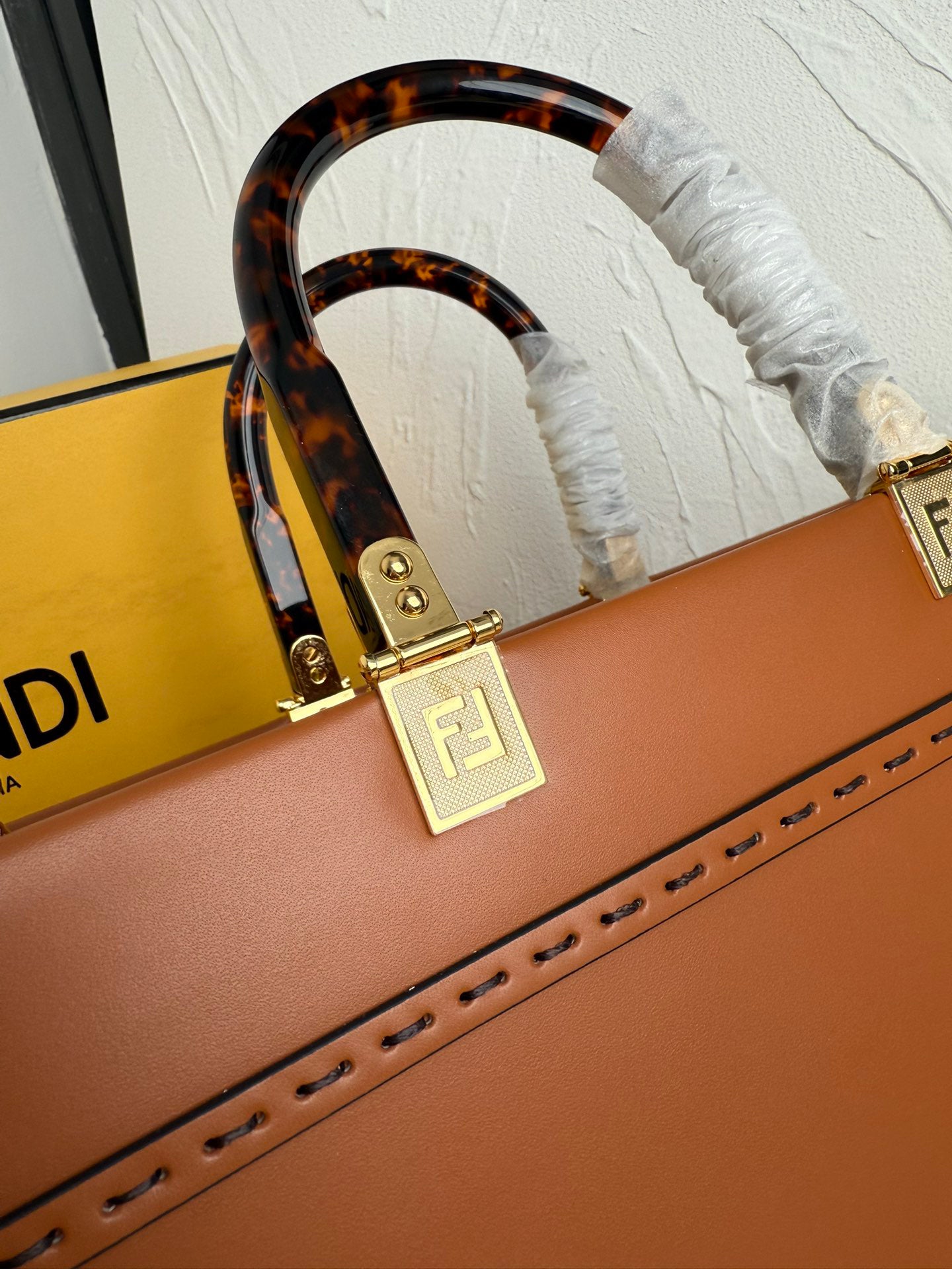 FENDI Sunshine Medium Brown Leather Tote Bag - Tortoiseshell Handles, Detachable Strap & Embossed Logo, Made in Italy