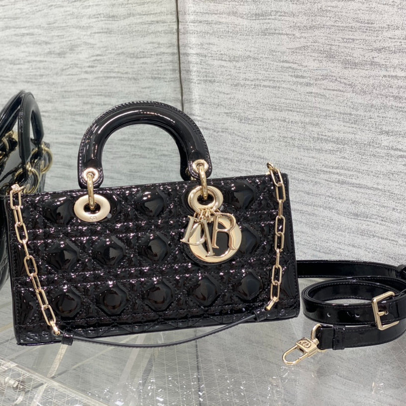 Dior D-Joy Medium Glossy Leather Handbag 26cm Dual Straps Full Set Packaging Quilted Pattern Luxury Tote