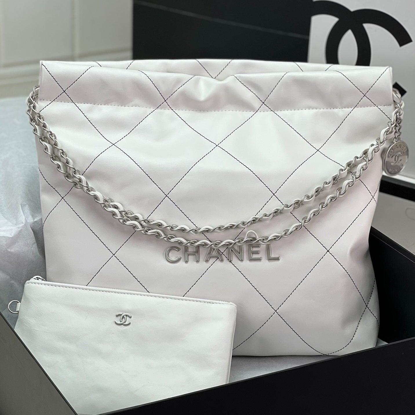 Chanel 2022 Chain-Strap Tote Bag | Vintage Brass Coin Charm & Drawstring Closure | Small 35×37×7cm Spacious Shopper