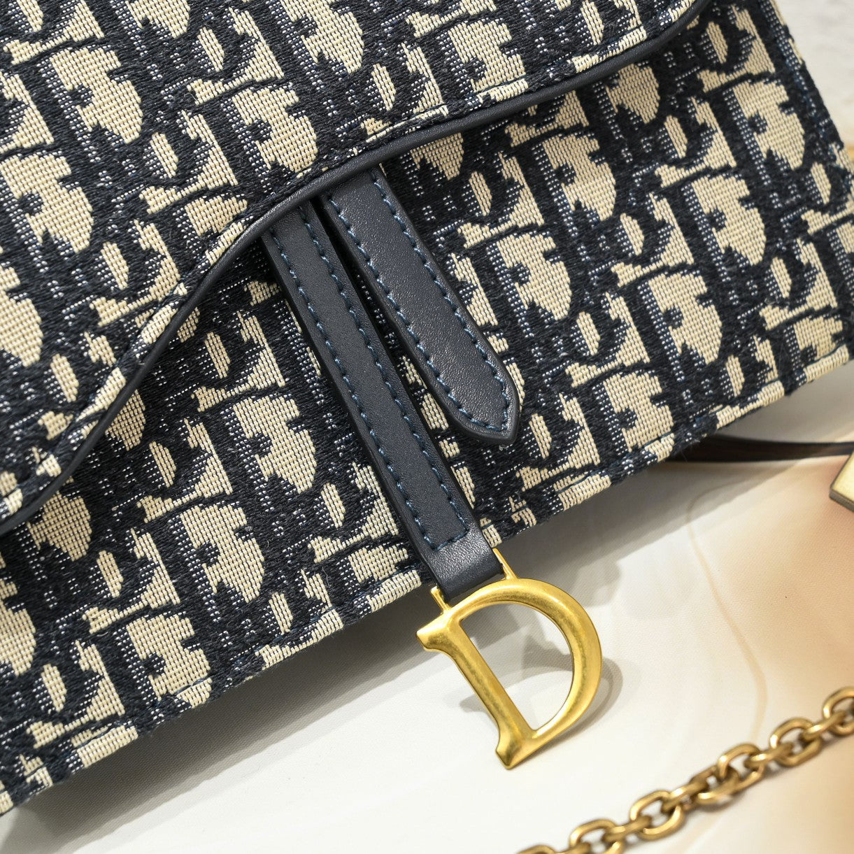 Dior Saddle Blue Oblique Jacquard Calfskin Wallet on Chain Clutch - Detachable Strap/Vintage Gold Hardware/Multi-Compartment