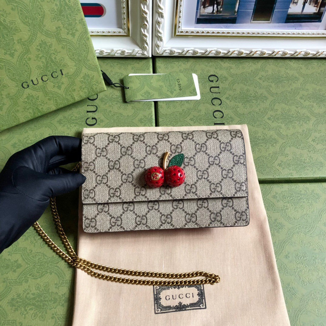 Gucci Summer Cherry Collection Large Red Crystal Clutch - PVC Scarlet Original Quality, Detachable Chain Keyring