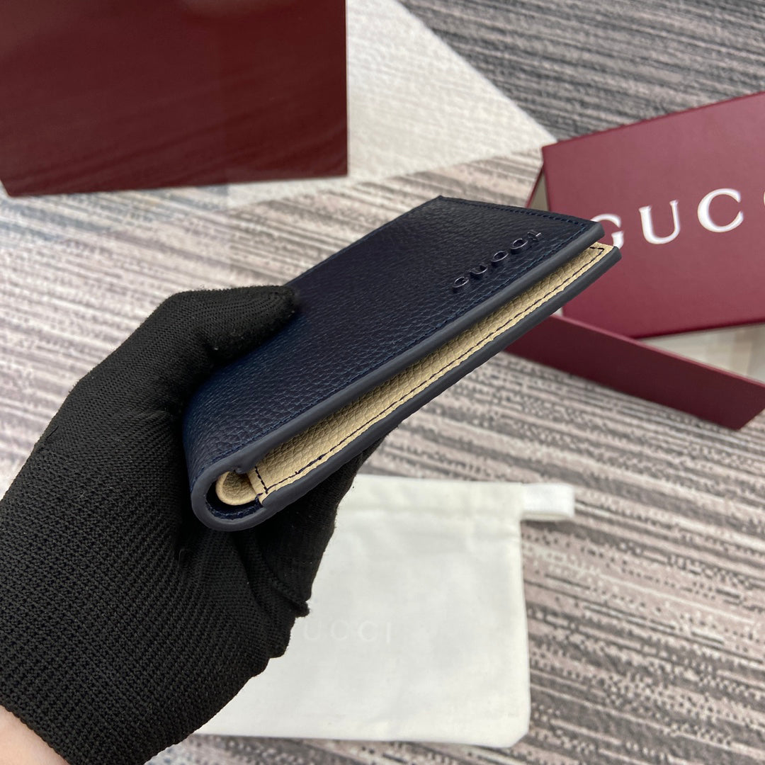 Gucci 2025 Early Spring Collection Deep Blue-Oat Calfskin Leather Bifold Wallet - Dual-Tone Motif, Refined Sophistication