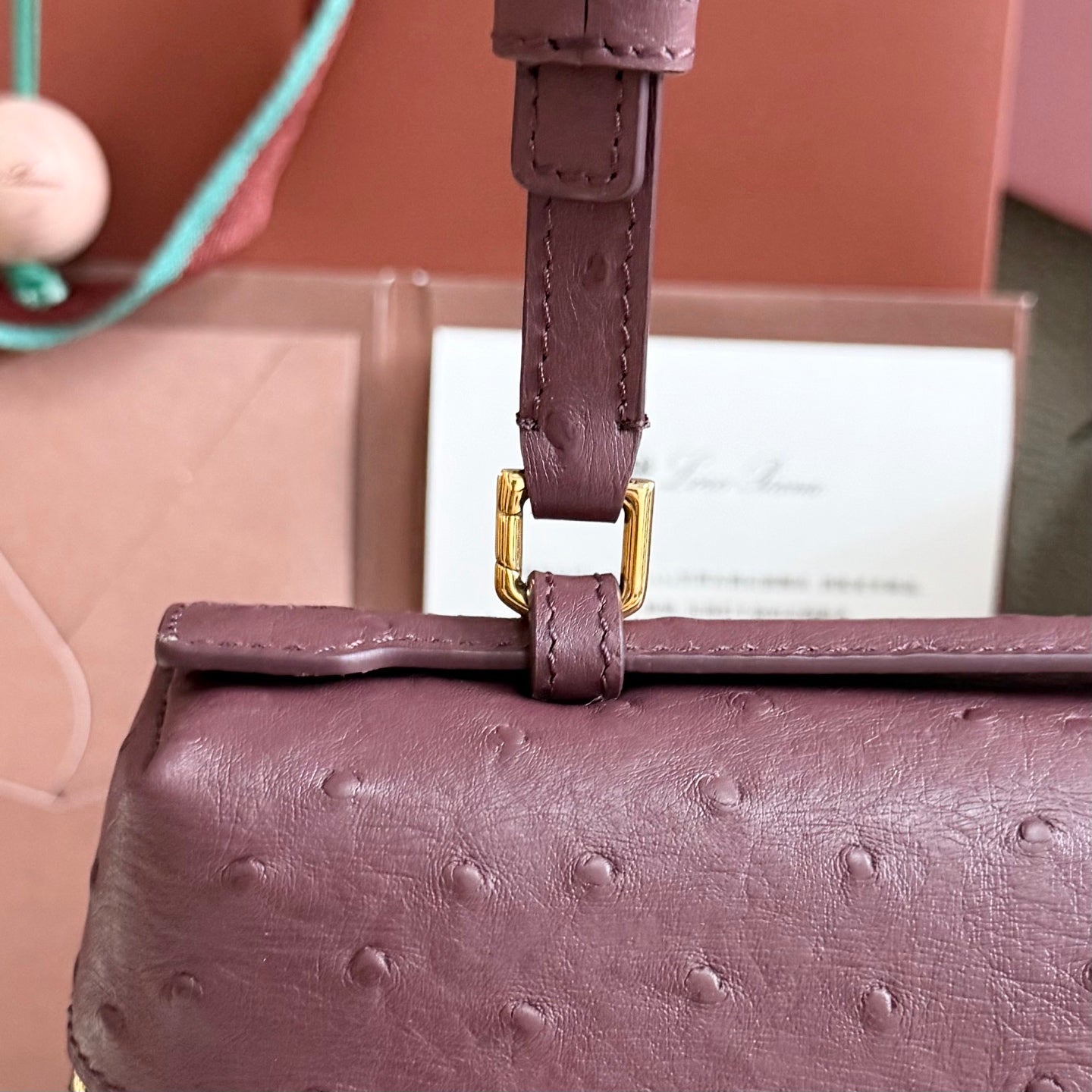 Extra cket L27 Wine Red Ostrich Leather Wide Top Handle Bag - Gold Hardware, Dual Zipper, Lambskin Lining