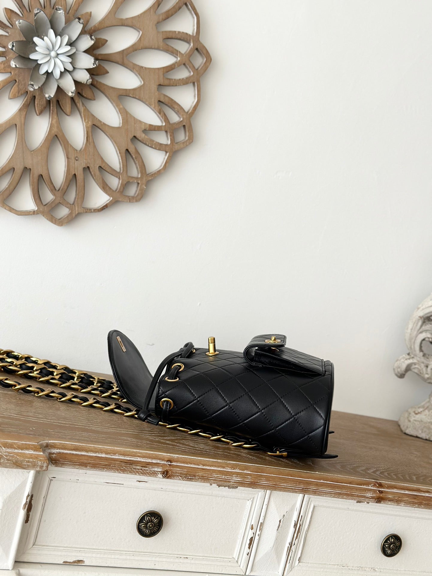 Chane Vintage Backpack | Heirloom Classic Design | Lambskin Quilted Pattern | Double C Logo Gold Chain | Black All-Season Versatile Bag