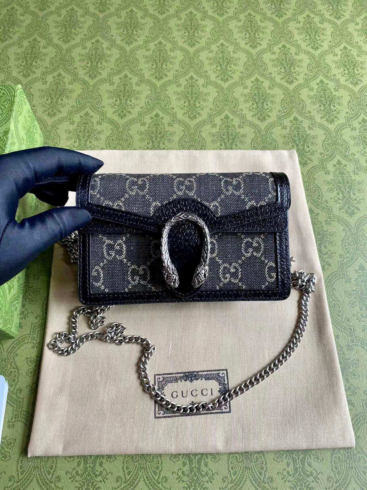 Gucci Dionysus Black Denim Mini Chain Bag Tiger Head Closure Style 476432