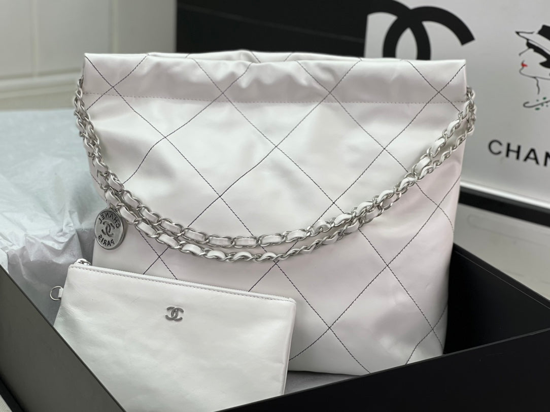 Chanel 2022 Chain-Strap Tote Bag | Vintage Brass Coin Charm & Drawstring Closure | Small 35×37×7cm Spacious Shopper