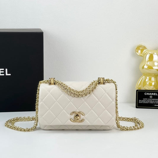 Chanel 24A Black Gold Tassel Chain Flap Bag｜Double Gold Bead Design｜18cm Timeless Classic Handbag