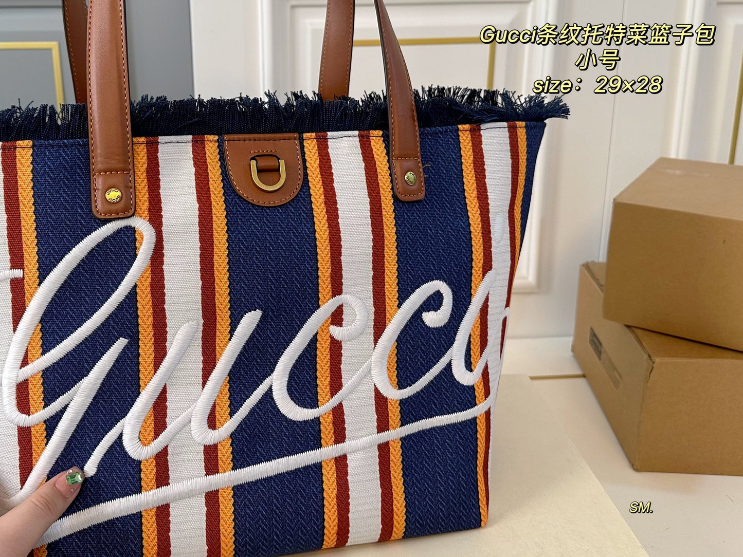 Gucci 2025 Spring-Summer Striped Canvas Tote Bag - 29×28cm Casual Shopper with Detachable Pouch & Embroidered Logo