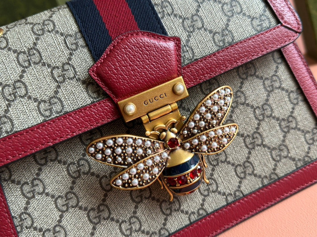 Gucci Queen Margaret Small Tote - 1970s Bee Crystal Clasp with GG Canvas & Suede Microfiber